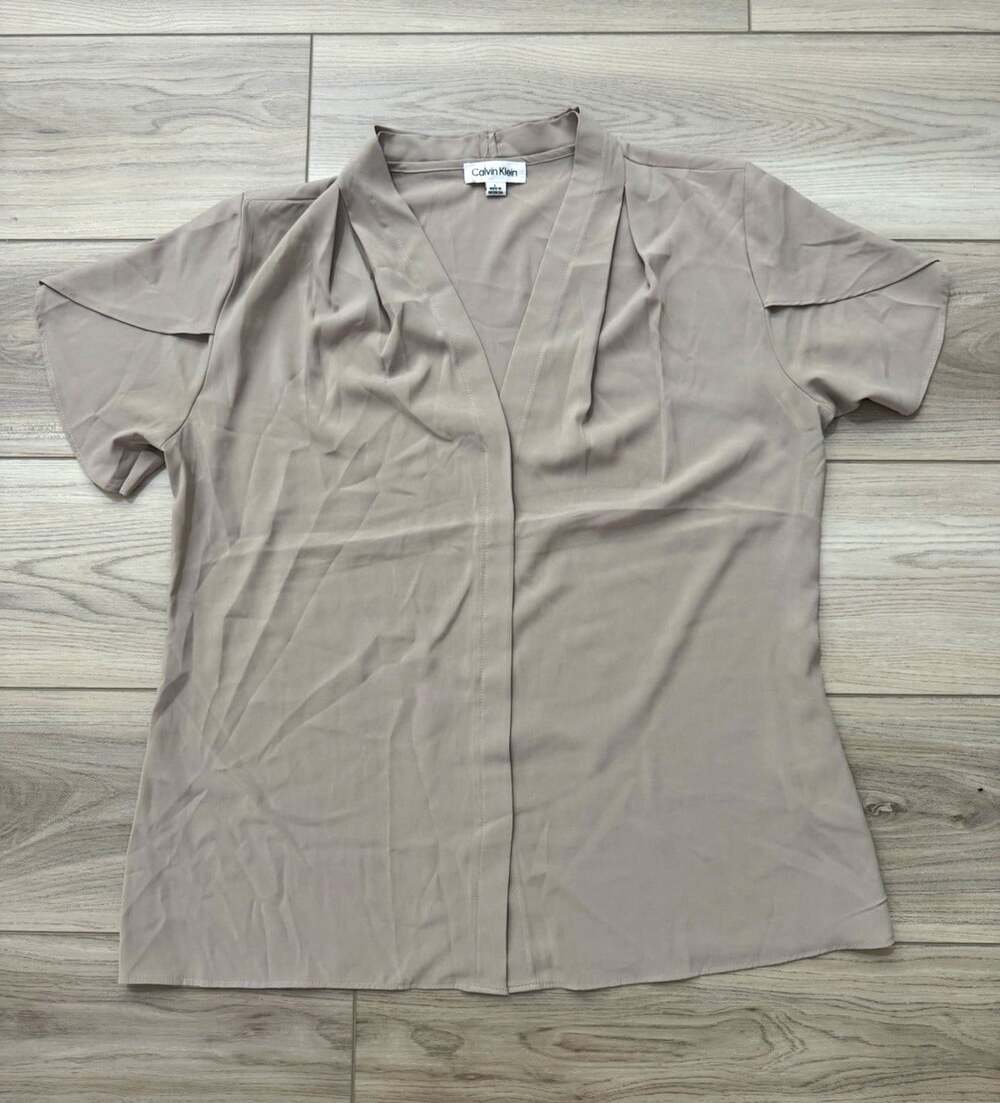 Calvin Klein Women's V-Neck Blouse Short Sleeve Tulip Sleeve Taupe Beige Size L